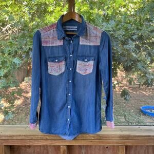 Etienne Marcel Women's Blue Lyocell Patchwork Western Shirt Size L